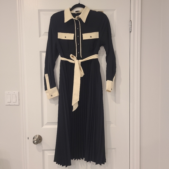 Karen Millen Midi Black & Cream Contrast Pleated Shirt Dress - Picture 1 of 7